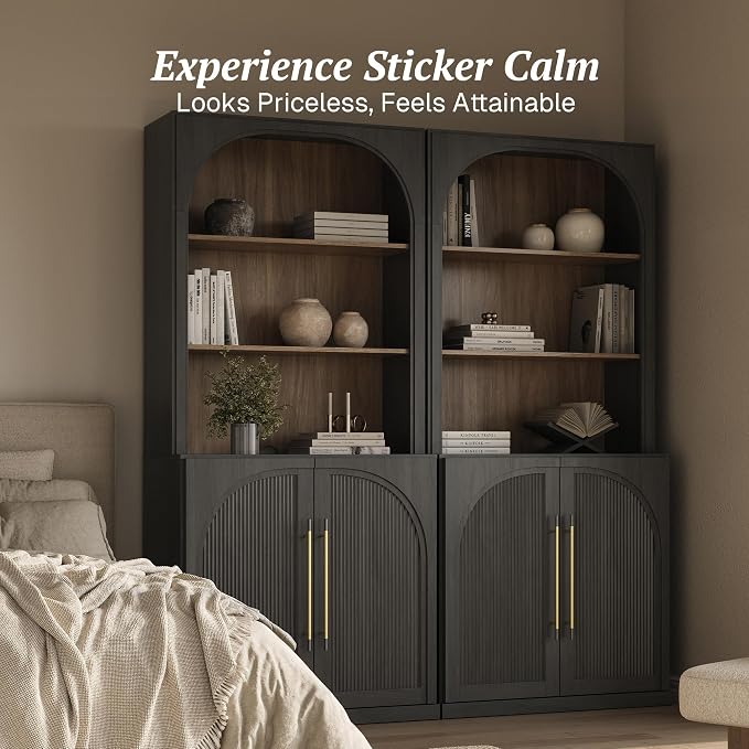 BELLEZE Storage Cabinet with Hutch Set of 2, Curved Styling Door Cabinet Curio - Image 4
