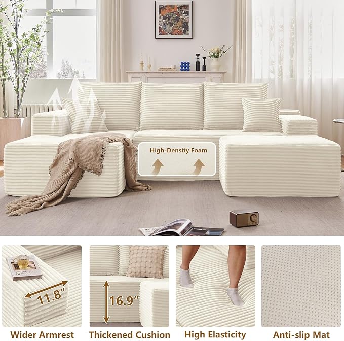 107" Comfy U-Shaped Sectional Modern Boneless Corduroy Couch - Image 4