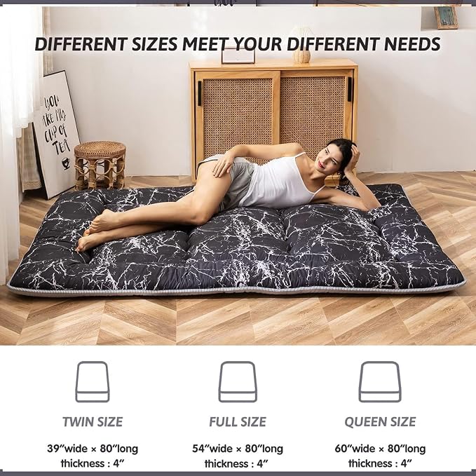 MAXYOYO Black Marble Printed Japanese Futon Floor Mattress, Thicken Sleeping - Image 3