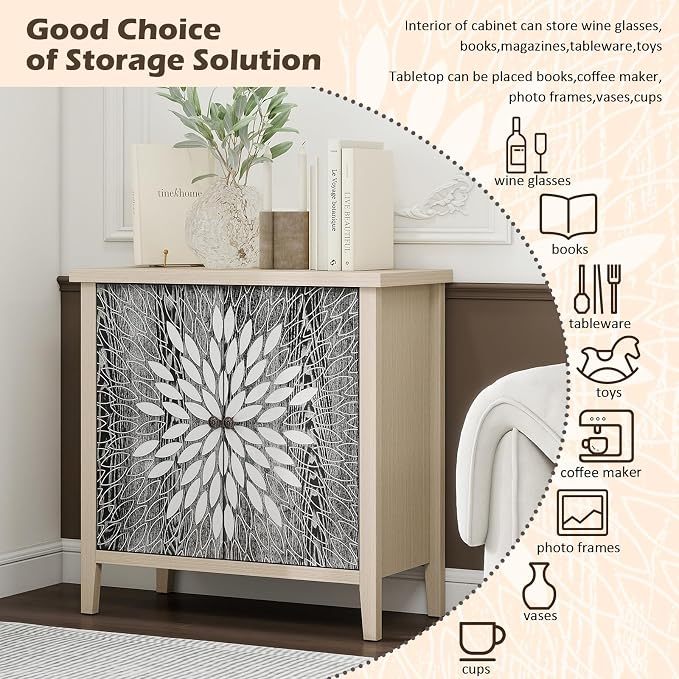 Black Accent Furniture, 32 Inch Wide 2-Door Carved Geometric Sideboard Buffet - Image 3