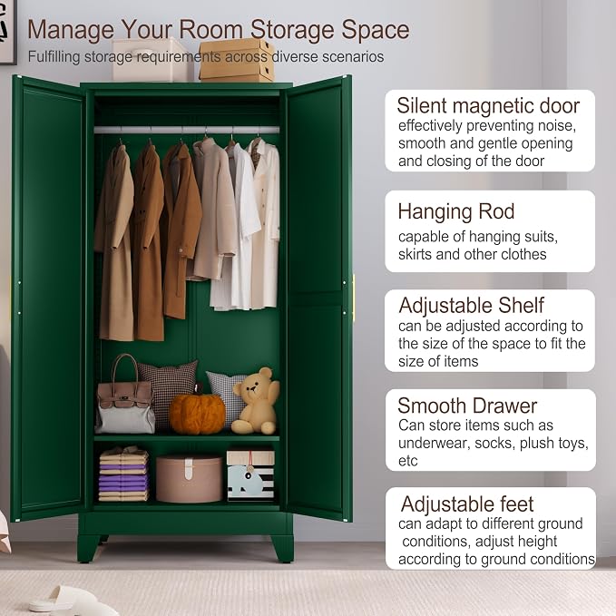 71" Metal Armoire Wardrobe Closet, Steel Clothing Storage Cabinet - Image 3