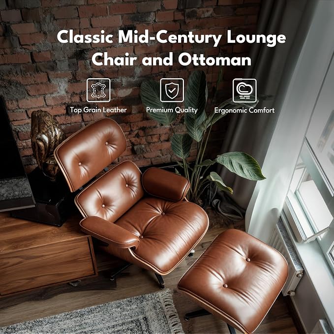 Top Grain Leather, Mid Century Chaise Lounge Chair and Ottoman, Reading Chair - Image 5