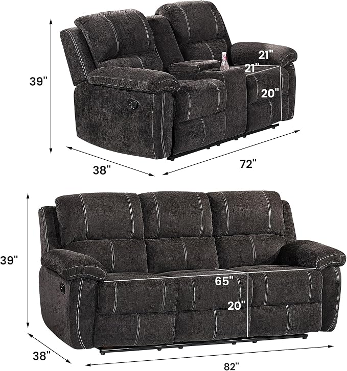 Betsy Furniture Modern Fabric Recliner Sofa Set, Loveseat w/Console, Recliner - Image 2