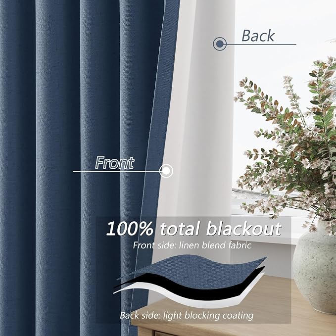 Denim Blue 100% Blackout Linen Curtains 120 Inch Length 2 Panels Set - Image 4