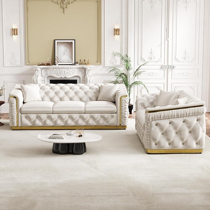 84.6" Luxury Chesterfield Sofa Velvet Tufted Sofa Black and Gold Couch - Image 9
