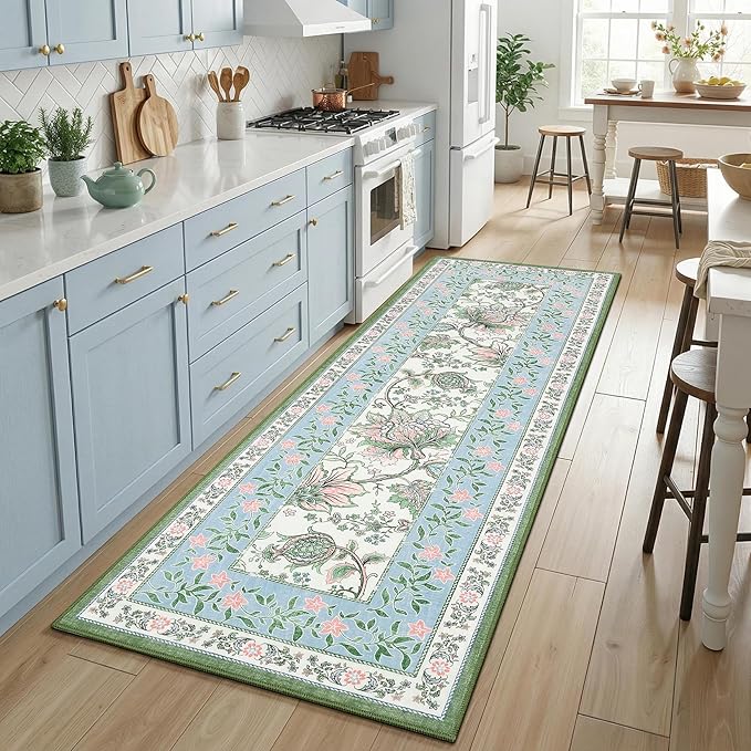 GarveeHome Blue Green Pink Washable 6x9 Area Rugs, Botanical Grove Vintage - Image 5