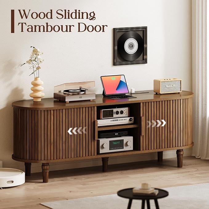 TV Console with Power Outlet-55 Entertainment Center with Sliding Tambour Door - Image 8