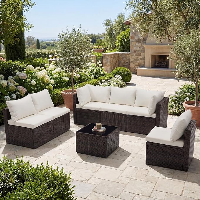 DUMOS 7 Piece Outdoor Patio Sectional Sofa, Modular Wicker Furniture Set - Image 8