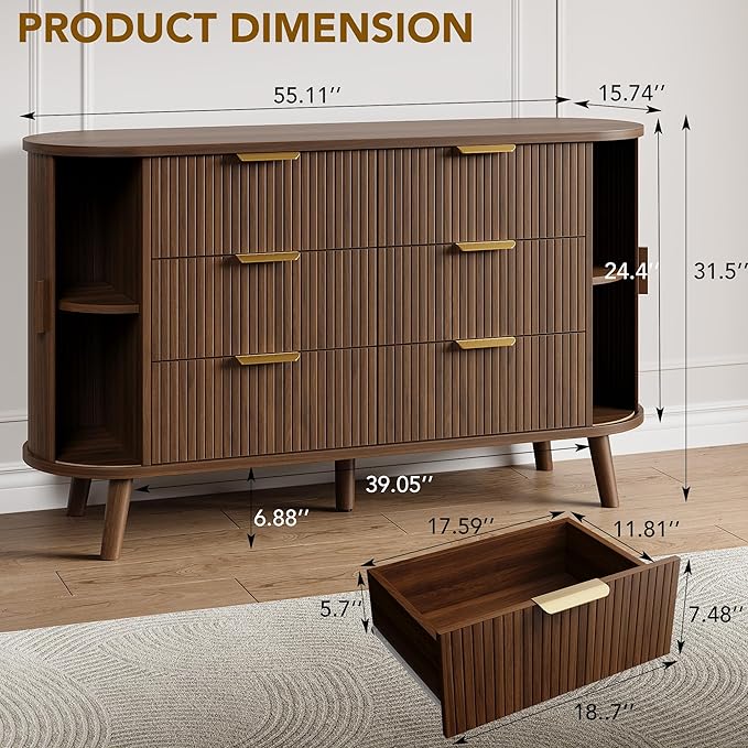Decofy Fluted 6 Drawers Dresser, Curved Profile & Sturdy Legs, Wood TV Stand - Image 2
