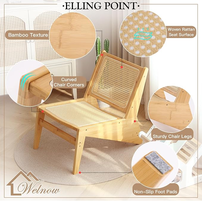 Welnow 2-Pcs Mid Century Rattan Accent Chair, Bamboo Wood Lounge Chair - Image 5