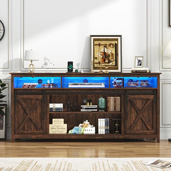 LED Farmhouse TV Stand for 80/75 inch TVs, Rustic Entertainment Center Cabinet - Image 7