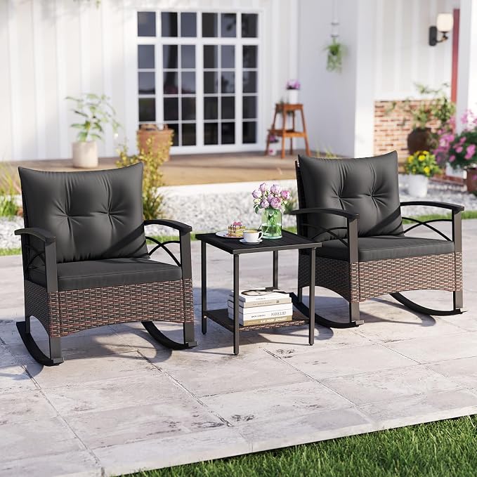Tangkula 3 Piece Rattan Rocking Chair Set, Patio Rocker Bistro Set - Image 2
