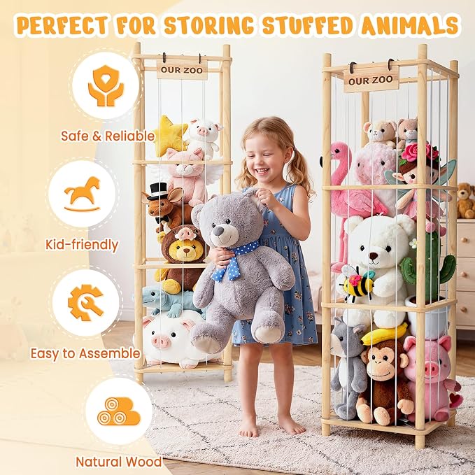 Woodure Stuffed Animal Storage & Organizer, Wooden Cute Zoo Toy Holder - Image 2