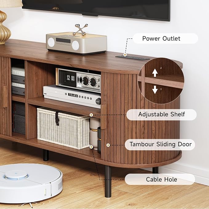 70.8" TV Stand with Power Outlet, Mid-Century Modern Television Stand, Fluted - Image 6