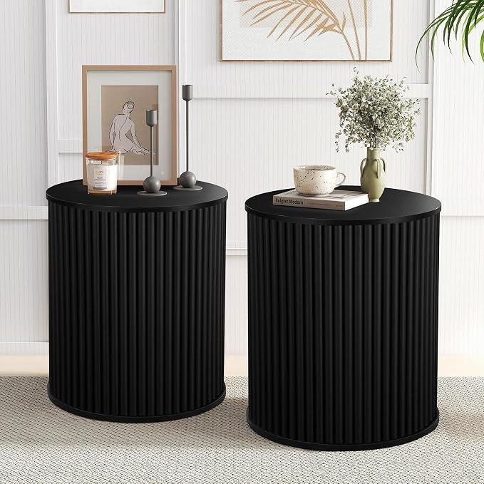 AVZEAR Small Round Side Table Fluted Night Stand Set of 2, Mid Century Modern - Image 9