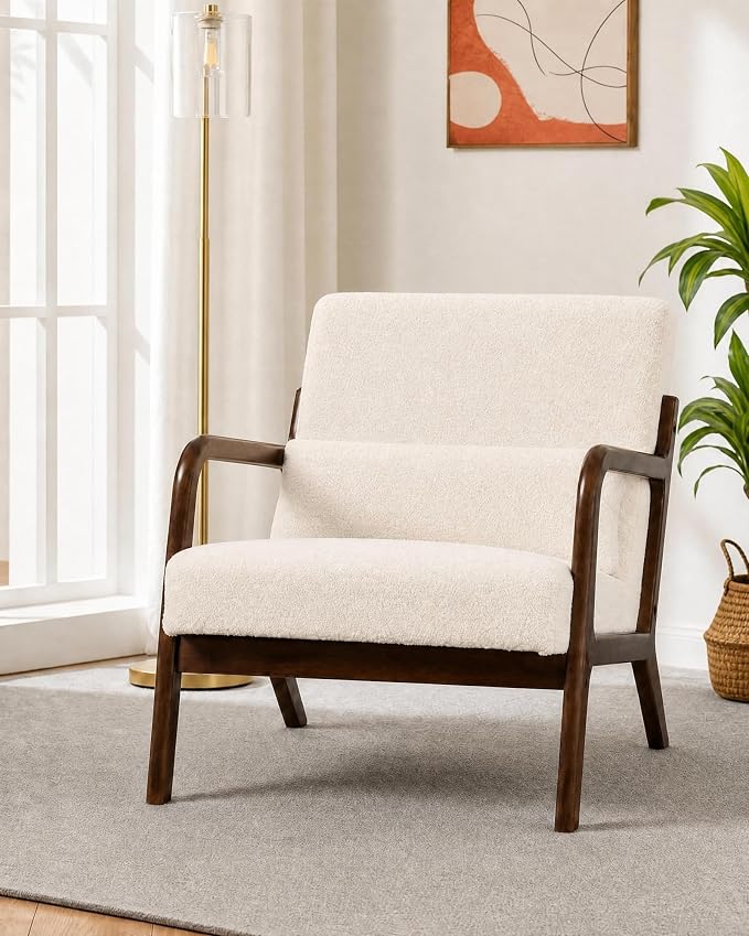 Garvee Mid-Century Modern Accent Chair, Sherpa Upholstery, Solid Wood Armchair by Garvee