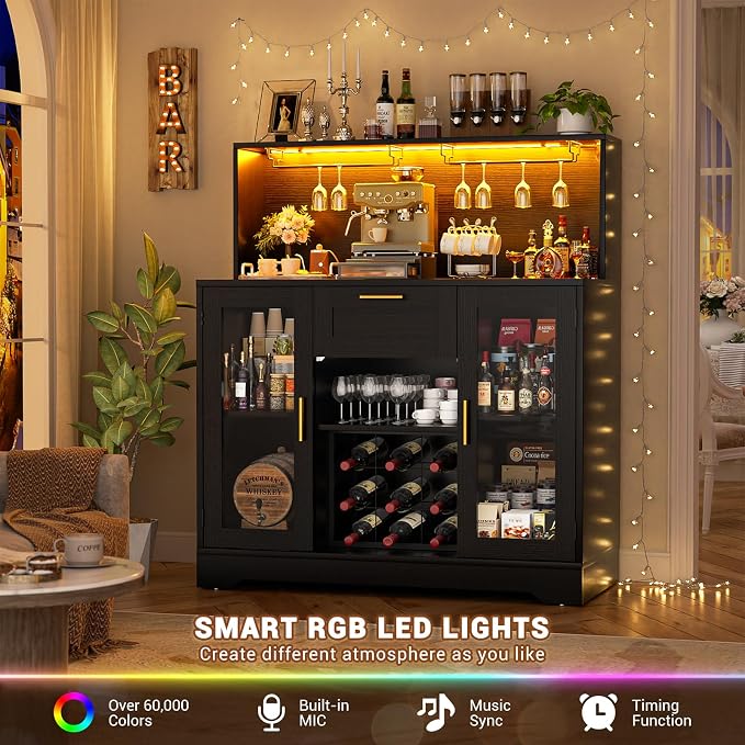 Unikito Wine Bar Cabinet with LED Light, Liquor Cabinet with Wine Rack and - Image 4