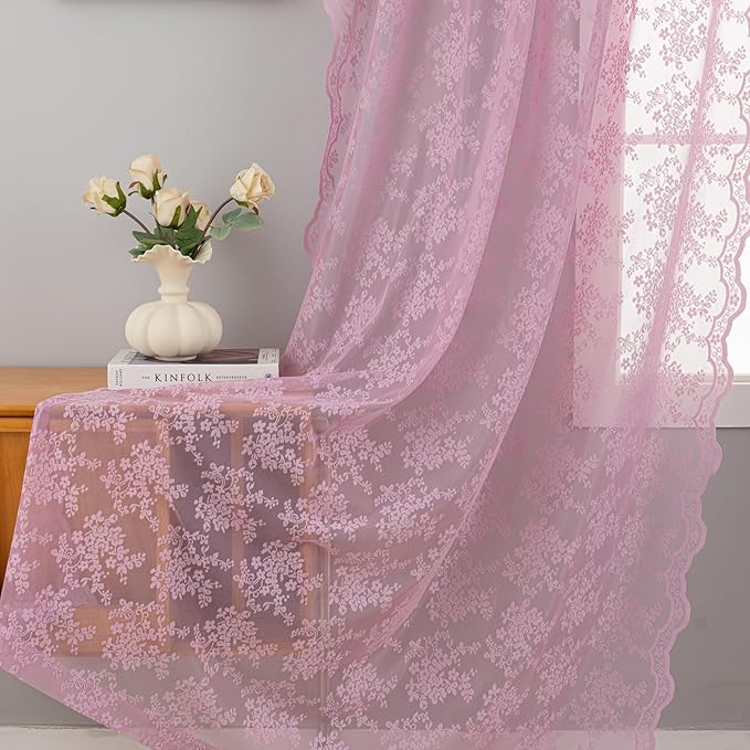 YJ YANJUN Vintage Lace Curtains 96 Inches Long-Victorian Floral Pattern Lilac by YJYANJUN