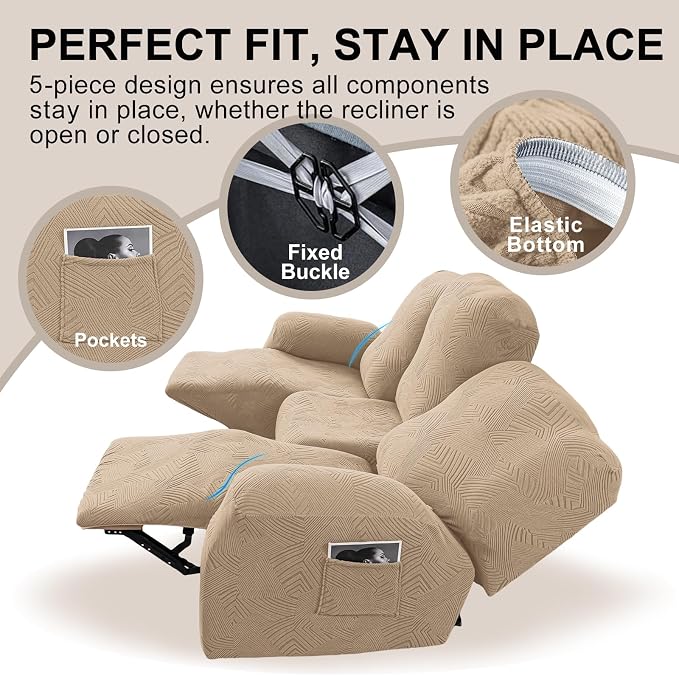 5-Piece Recliner Sofa Covers, Stretch Geometric Strokes Jacquard Recliner Sofa - Image 4