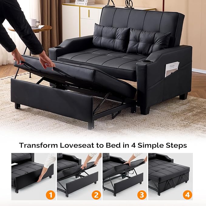 VINGLI Black Futon Sofa Bed Convertible Loveseat Sleeper Couch, Faux Leather - Image 6