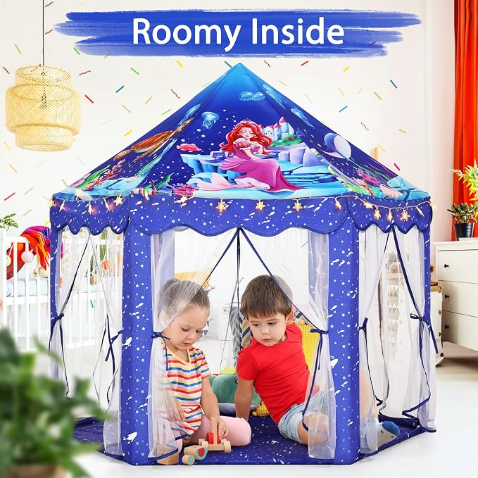 Monobeach Mermaid Princess Tent Girls Blue Large Playhouse Kids Castle Play Tent - Image 2
