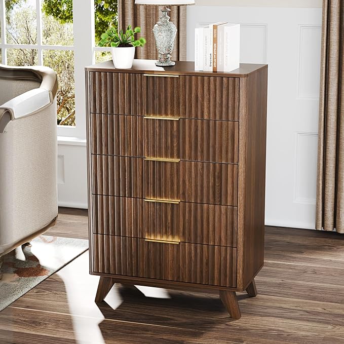 VINGLI Fluted Tall Dresser 5 Drawer Chest of Drawers, Walnut Wood Dresser - Image 8