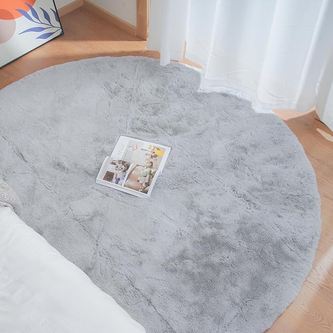 ORINOVA Grey Washable Fluffy Round Rugs 6ft Faux Bunny Fur Rugs - Image 2