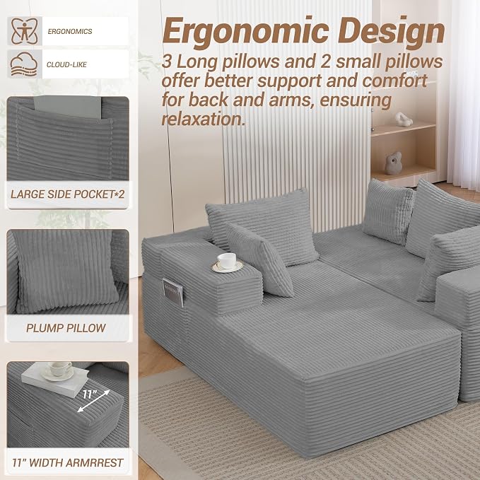 105'' Cloud Sectional Couch, Modular L-Shaped Boneless Sectional Sofa, Corduroy - Image 4