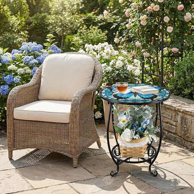 Cinnvoice Outdoor Side Table Round Small Mosaic Patio Accent Indoor End Plant - Image 2