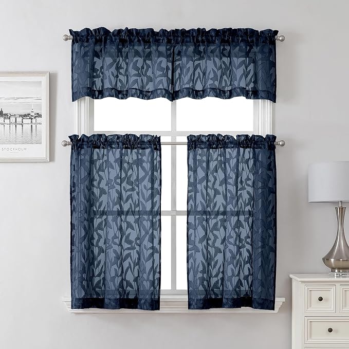 Lecloud Leia Navy Blue Sheer Kitchen Curtains 30 Inch Length 2 Pcs, Leaf - Image 8