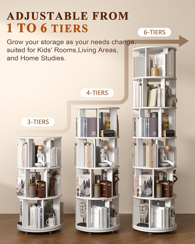 6-Tier Solid Wood Rotating Bookshelf on Wheels, 360° Spinning Book Shelf Tower - Image 4
