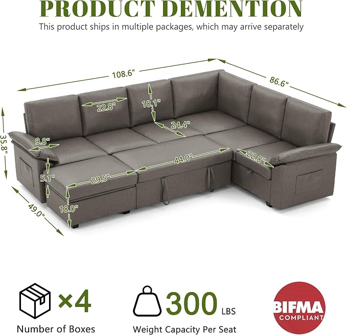 108 Inch Faux Leather Modular Sectional Sofa - Image 3
