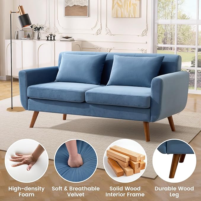 Tbfit 65" W Loveseat Sofa, Velvet Mid Century Modern Love Seat Couches - Image 7