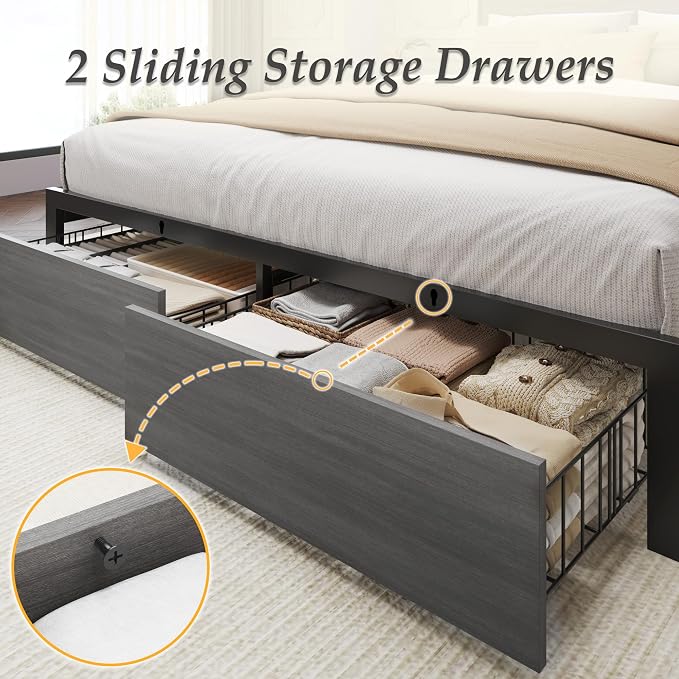Lifezone Full Bed Frame with 2-Tier Storage Headboard, Metal Bed Frame with - Image 6