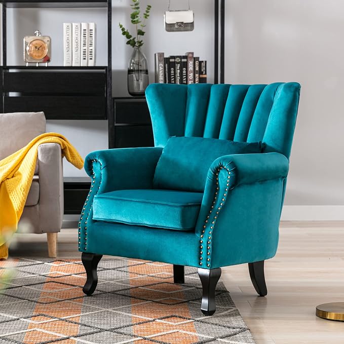 Mid Century Accent Chair Modern Tufted Wingback Armchairs Club Chair Velvet - Image 2