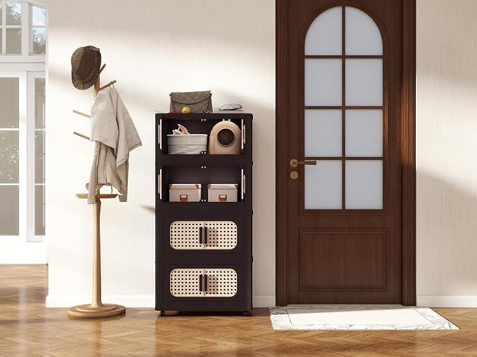 Folding Storage Cabinet with Wheels, 5-Tier Narrow Retro Brown Storage Tower by Unknown