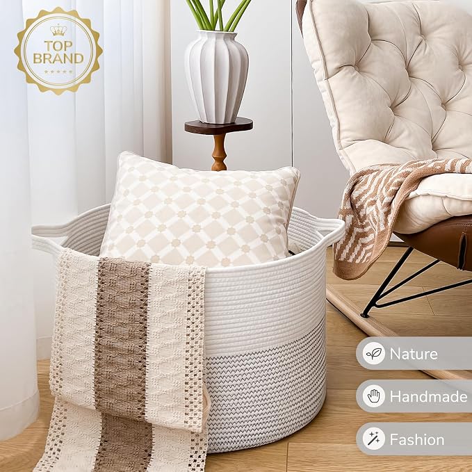 INDRESSME XXXLarge Cotton Rope Basket 21.7" x 21.7" x 13.8" Woven Baby Laundry - Image 7