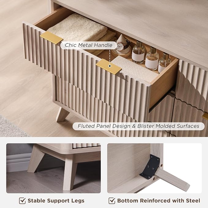 T4TREAM Fluted 6 Drawers Dresser, Curved Profile Design, Dresser TV Stand - Image 6