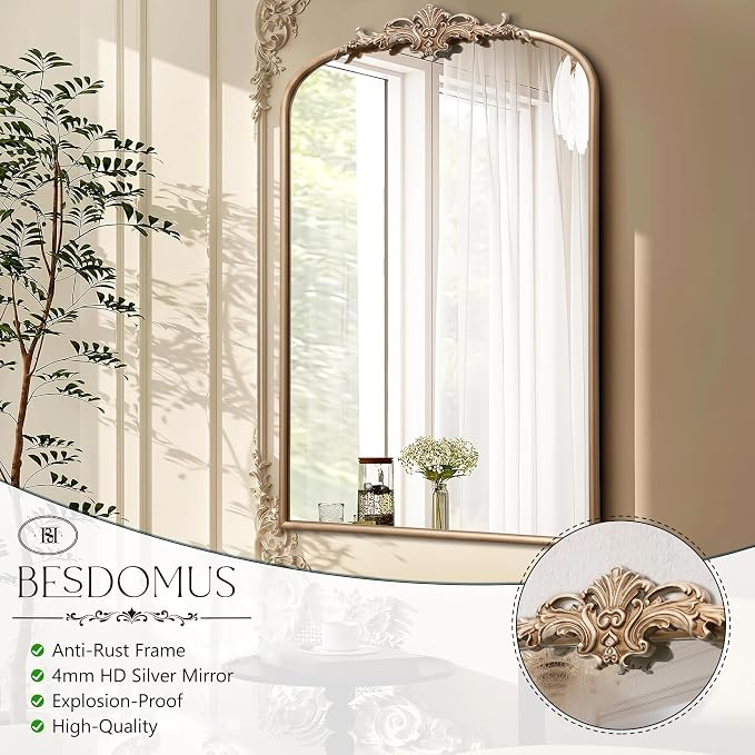 Besdomus Large Antique Wall Mirror: 24"x36" French Arched Champagne Gold - Image 7