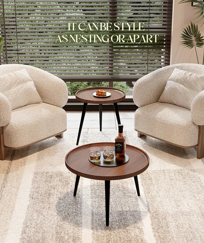 2-Piece Walnut Coffee Table, Durable Mid Century Small Round Coffee Tables - Image 8