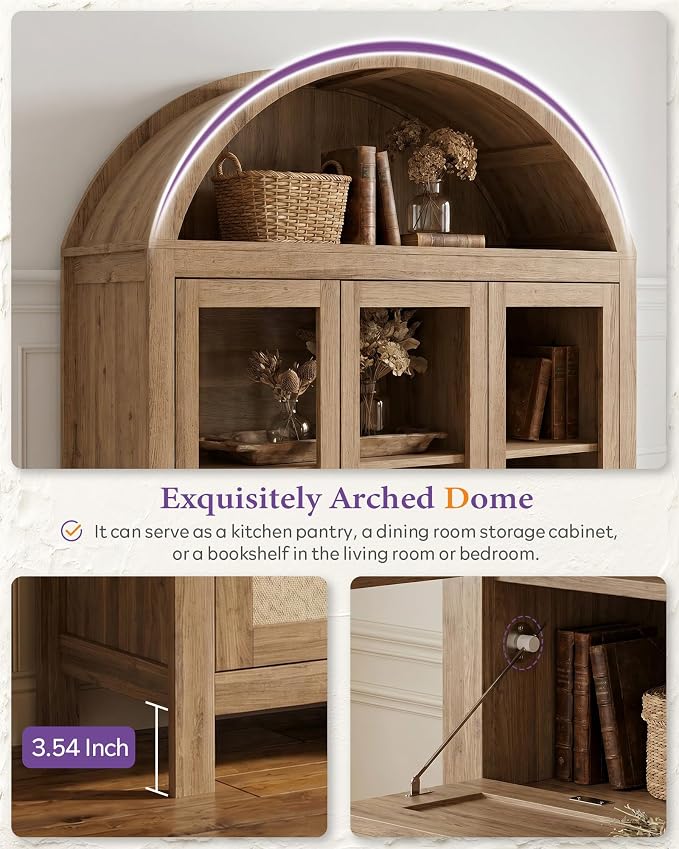 TYBOATLE 75'' Arched Cabinet Classic Farmhouse Design w/Three Glass Doors - Image 3