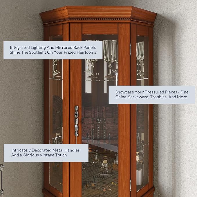 BELLEZE Lighted 3-Side Glass Display Curio Cabinet w/Tempered Glass Doors and - Image 4