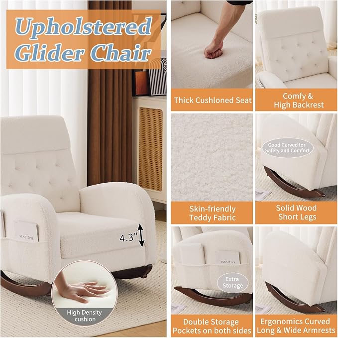 VINGLI Teddy Fleece Low Seat Rocking Chair, Boucle Upholstered Nursery Glider - Image 4