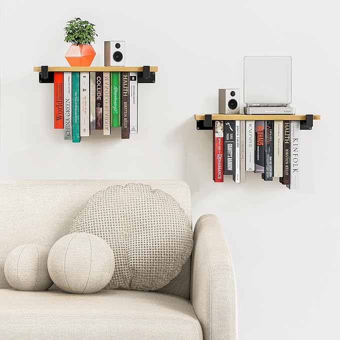 NANATI 2 Set of Floating Bookshelf, Pine Wood Invisible Bookshelf, Hanging - Image 2