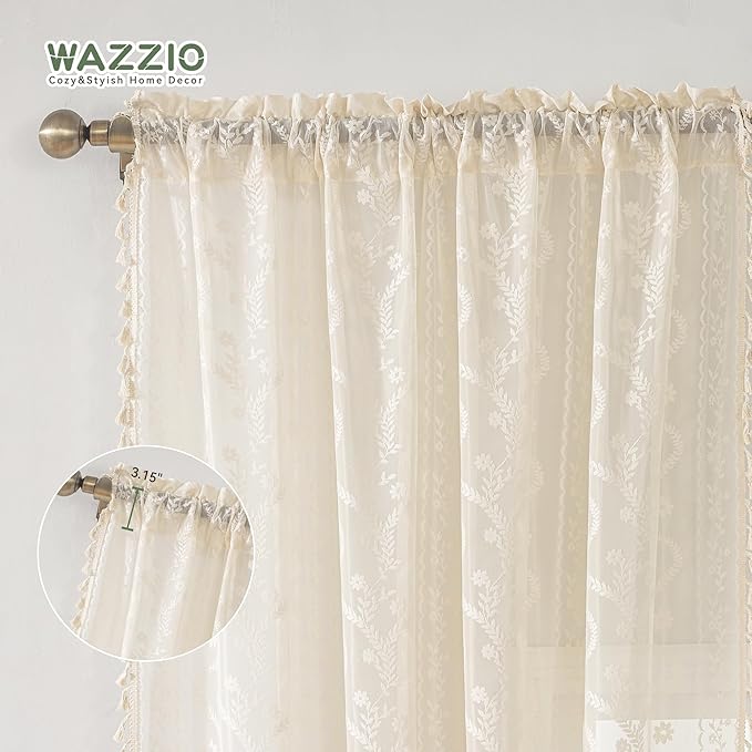 WAZZIO Boho Lace Curtains 2 Panels 108 Inches -Cute Vintage Victorian Sheer - Image 6
