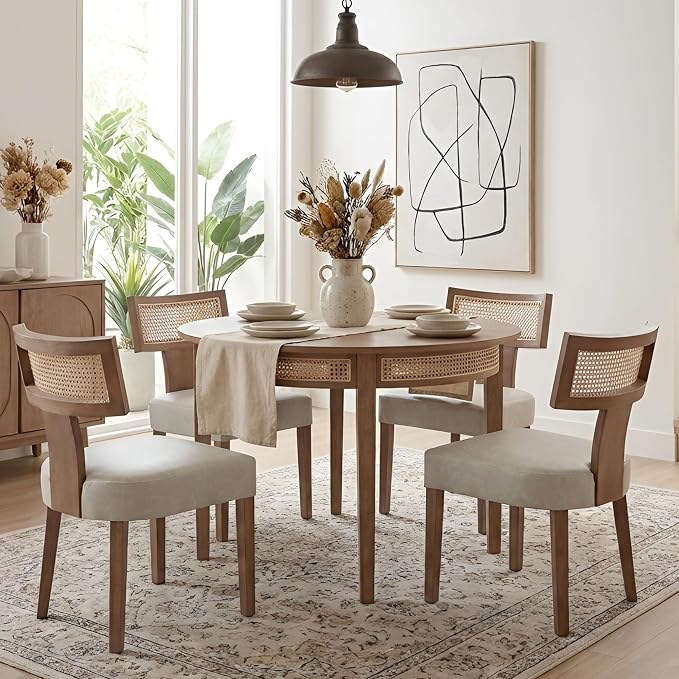 HNY Mid Century Modern Rattan Dining Chairs Set of 2, Farmhouse PU Leather - Image 7