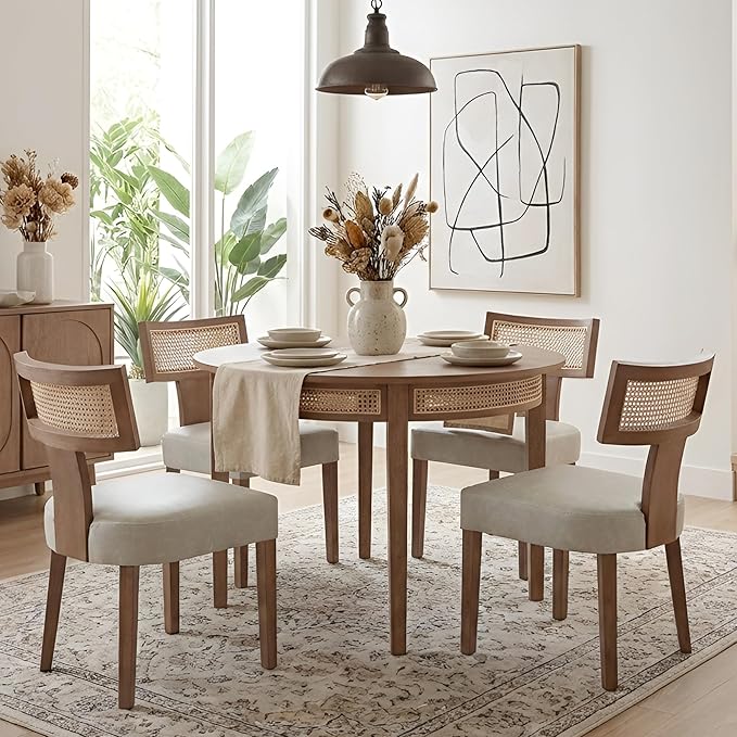 HNY Mid Century Modern Rattan Dining Chairs Set of 4, Farmhouse PU Leather by HNY