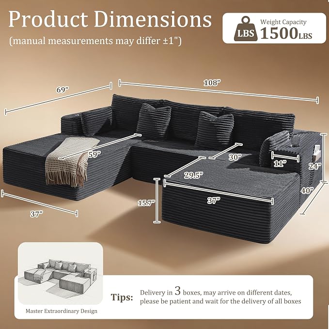 108" Oversized Cloud Sectional Couch, Comfort U Shaped Boneless Couch - Image 2
