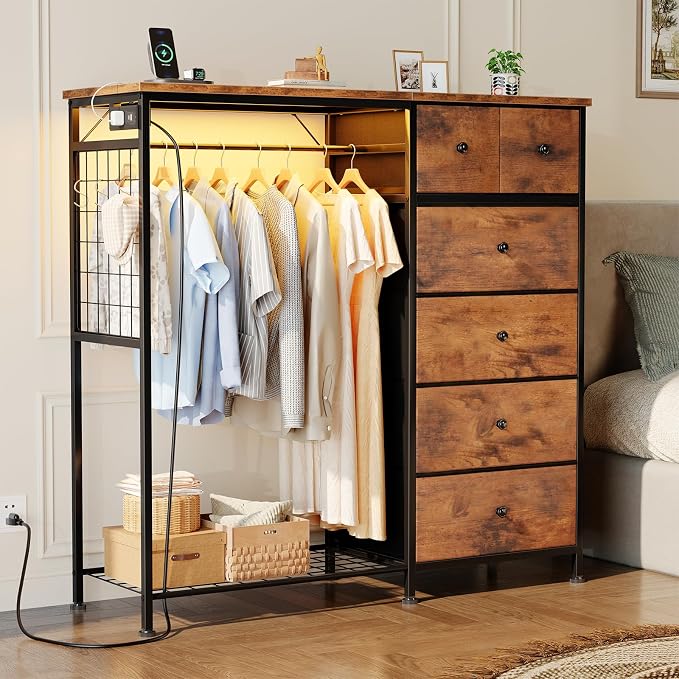 DUMOS Dresser for Bedroom with Hanging Rack, 6 Drawer Fabric Dresser with - Image 2