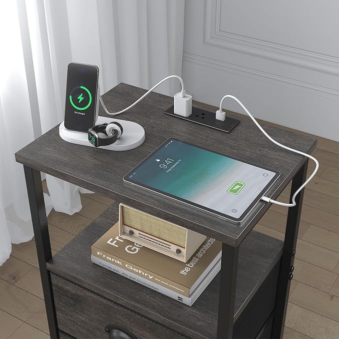 sthmec Nightstand with Charging Station, LED Night Stand with 2 Fabric Drawers - Image 6